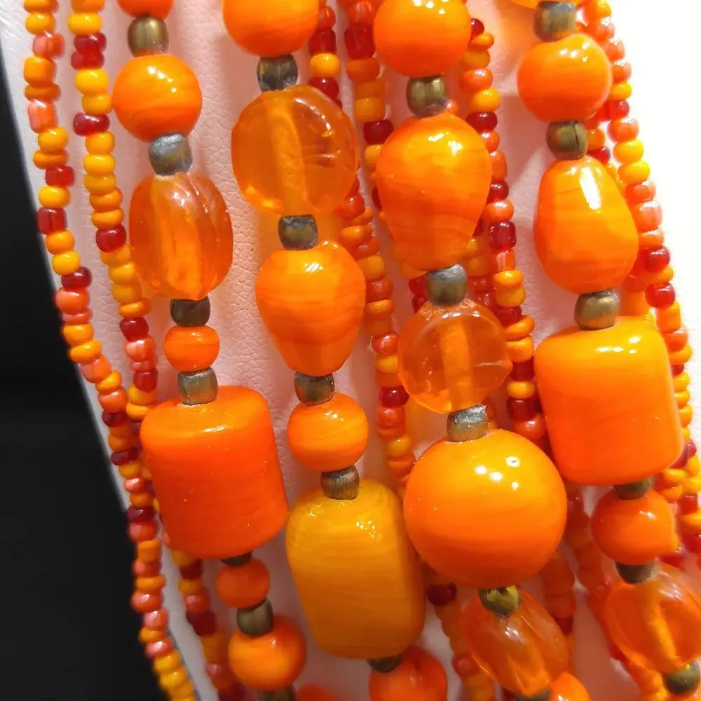 Vintage Czech Glass Bead Necklace, Orange Multistrand Boho Jewelry, 23 Inch